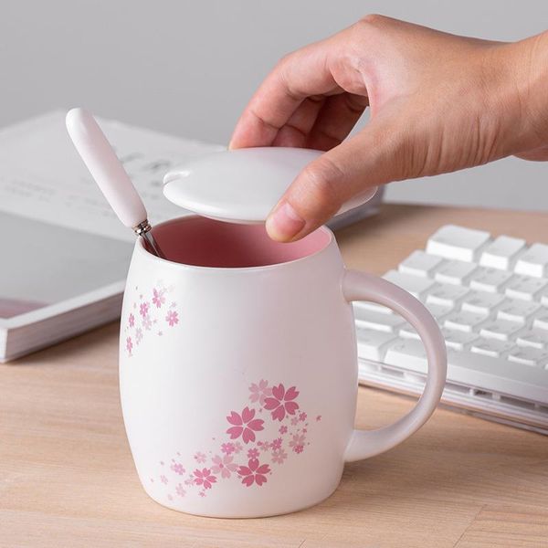 

mugs sakura cup wine barrel pink mark ceramic milk coffee covered spoon home office mug