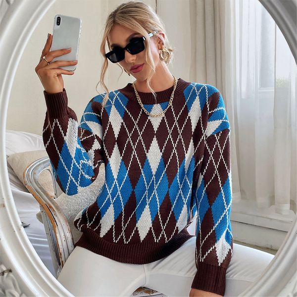 

autumn women's 2021 knitted color matching diamond check sweater loose, White;black