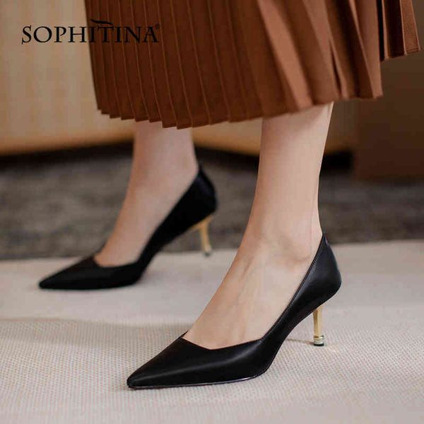 

sophitina women's shoes stiletto heel elegant shallow mouth shoes pointed british style party soft leather female pumps ao258 210513, Black