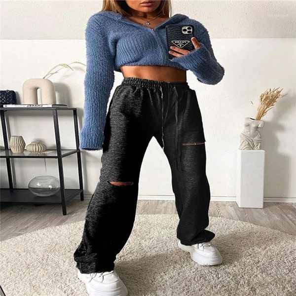 

women's pants & capris autumn women hole fashion trousers spring female elastic baggy casual solid color girls high waist drawstring, Black;white