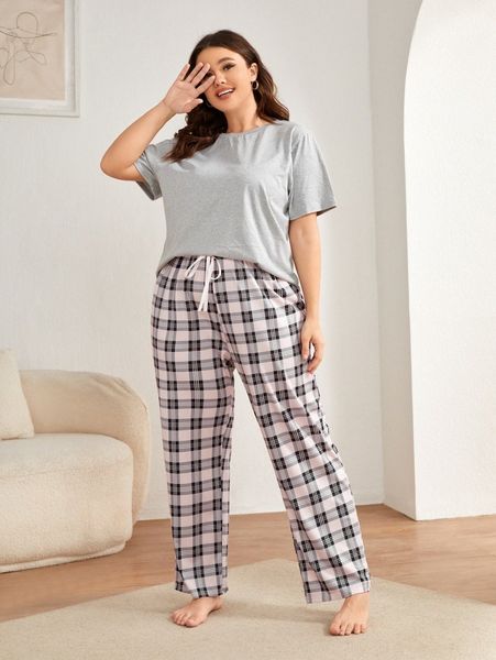 

plus solid tee & plaid tie front pants pj set r06d#, Black;white
