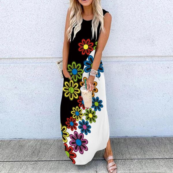 

casual dresses floral print women dress summer sleeveless pocket beach long maxi loose vintage bohemia robe vestido de mujer 2021, Black;gray