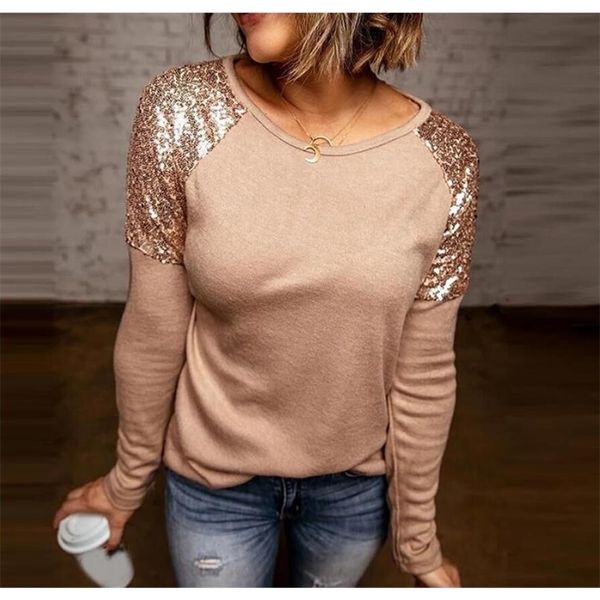 

t-shirt autumn long sleeve patchwork sequins women loose casual shirts elegant ladies streetwear tees blusas mujer 210401, White