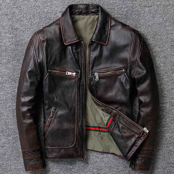 

men's leather & faux fast 2021 brand genuine jacket large size cowhide motorcycle rider coats vintage classic, Black
