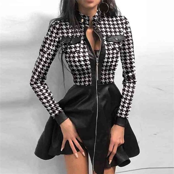 

women lace mini party fashion elegant pu leather zipper pocket autumn casual long sleeve a-line dress vestidos, Black;gray