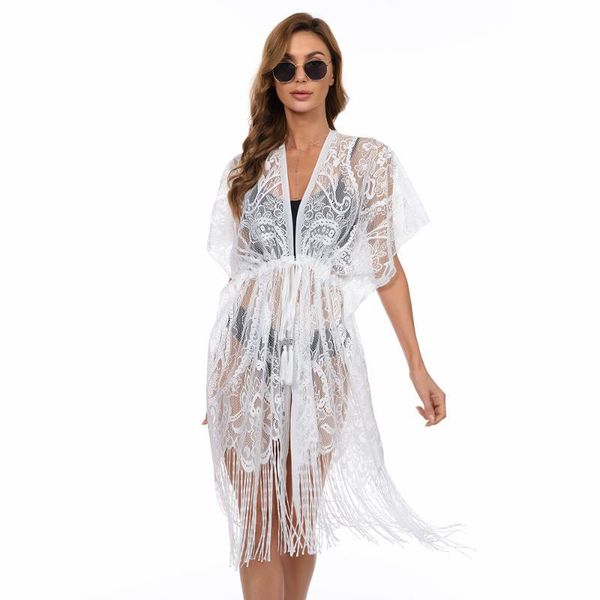 

women's swimwear european and american style large size lace cardigan elastic waist beach, White;black