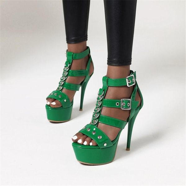 

european rome gladiator sandals buckle rivet thin high heels stiletto party dress nightclub plus size platform, Black