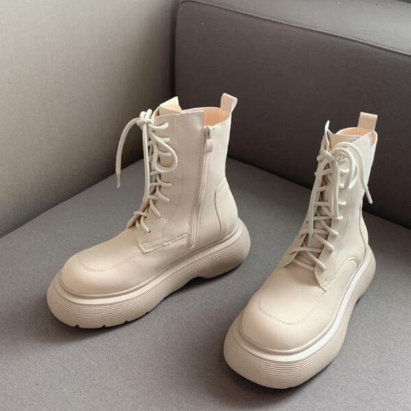 

boots women's black white platform shoes british round toe ankle streetwear