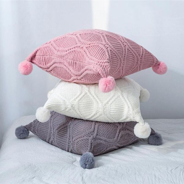 

pillow chenille knitting home furnishing accessories knitted square warm pillowcase cute little balls zipper easy clean cushion/decorative