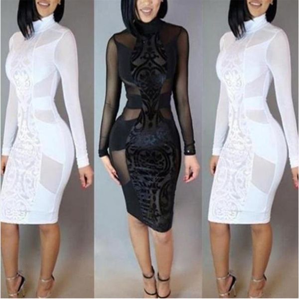 

bandage dress winter black white long sleeve mesh patchwork hollow out pencil bodycon female dresses casual, Black;gray