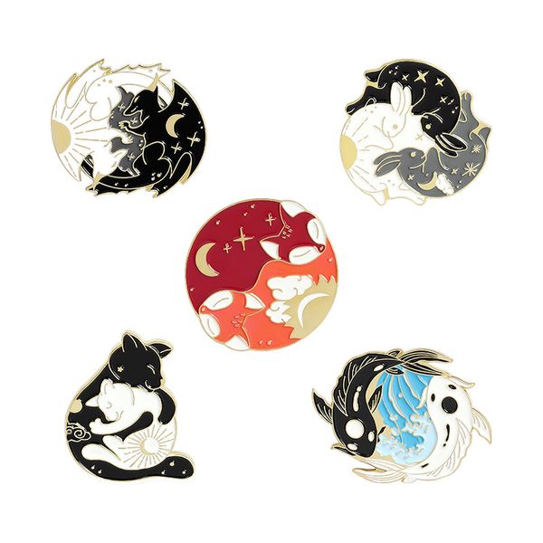 Yoga Yinyang Broschen Pins Emaille Tier Katze Drache Fuchs Brosche Anstecknadel Top Taschen Abzeichen für Frauen Männer Modeschmuck