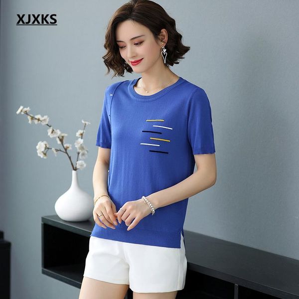 

women's t-shirt xjxks 2021 summer cardigan large plus size women knitted comfortable casual round neck short sleeve t-shir, White