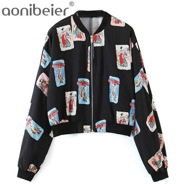 

fashion printed spring women loose jacket zipper front raglan sleeve casual crop female coats woman outerwear 210604, Black;brown