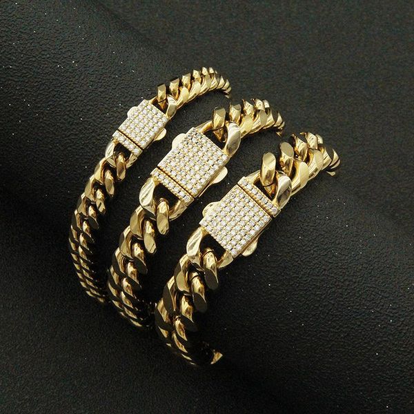 

link, chain hip hop bling iced out gold color titanium steel round cuban link bracelet for men jewelry, Black