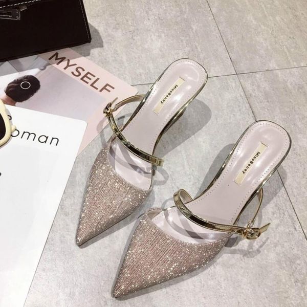 

slippers 2021 women's fashion stilettos sequin bling elegant tip spring single shoes designer zapatos mujer u30-31, Black