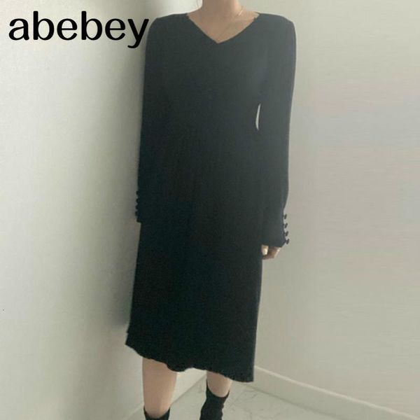 

casual dresses v-neck slim fit high waist knit elegant chic button pleated design women dress solid color mid-legnth vestidos1 qusi, Black;gray