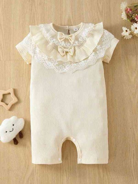 

baby embroidery mesh ruffle trim bow front romper she, Blue