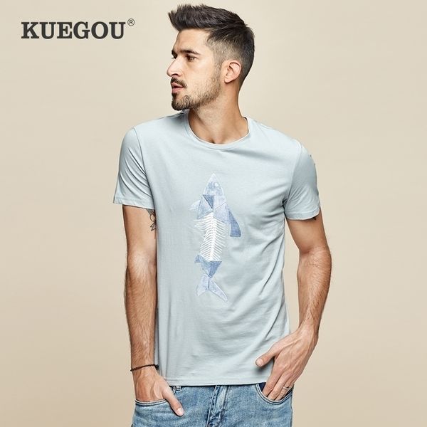 

kuegou cotton men's t-shirt summer fashion tshirt printed elastic blue red t shirt short sleeves men plus size lt-1778 210410, White;black