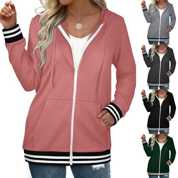 

women's jackets women casual hooded sweatshirt adults striped long sleeve cardigan with pockets drawstring, Black;brown