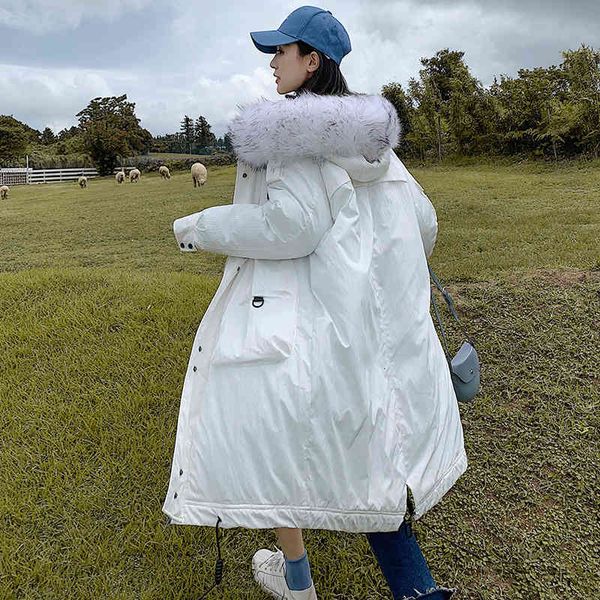 

down new down jacket female section parker wind korean version loose large size long sleeve hooded woolen cotton coat, Black