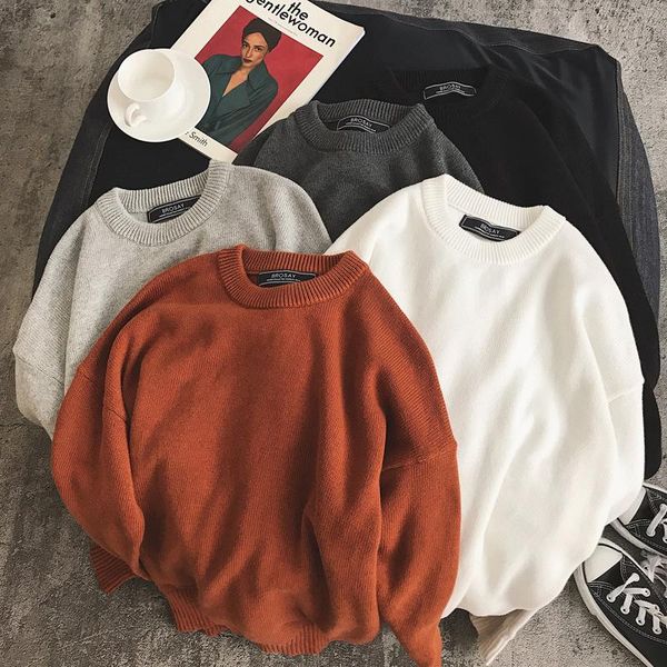 

men's sweaters 2021 winter solid color loose cotton crew neck sweater, White;black