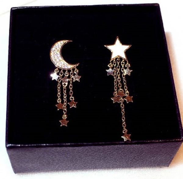 

new ins fashion design cute lovely moon star long drop clip chandelier dangle earrings for women girls silver post with diamonds zircon