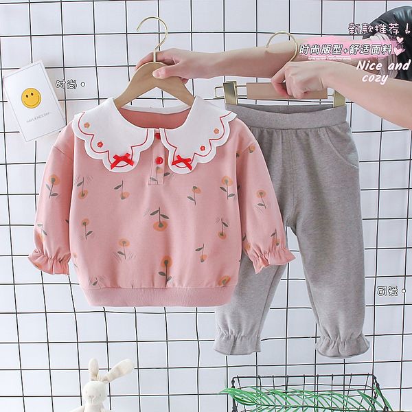 

little girl spring and autumn exotic suit clothes childrens turn-down collar hoods long gray pants set clothes two pieces kids clothing, White