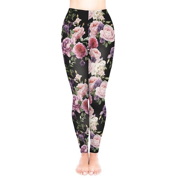 

women's leggings ropa mujer fashion long mid waist colorful 15% spandex floral printed fitness women, Black