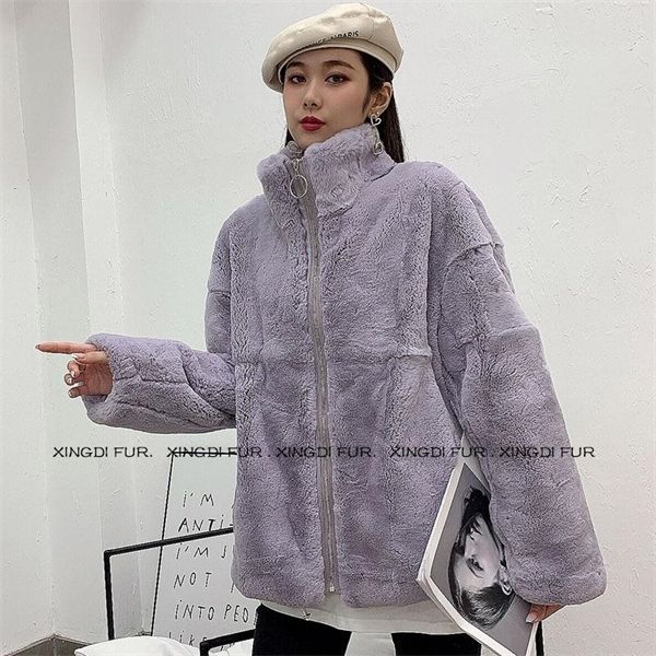 

quality 2020 haining new net red young standing collar imported rex fur female winter fashion jacket, Black