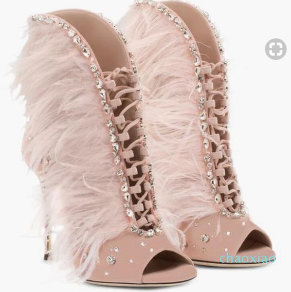 

2017 new pink women boots thin heel feather ankle booties cuts out glitter women peep toe mujers bota diamond dress boots, Black