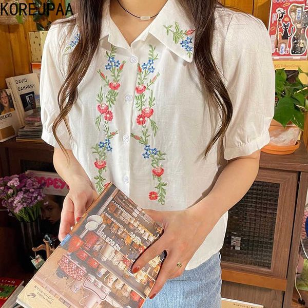 

korejpaa women shirt summer korean chic fresh lapel embroidery flowers single-breasted loose versatile puff sleeve blouses 210526, White