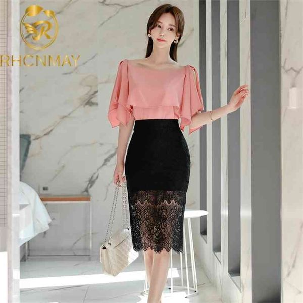 

korea office lady suits women summer ruffles blouses + high waist sheath bodycon lace skirt two piece set outfits 210520, White