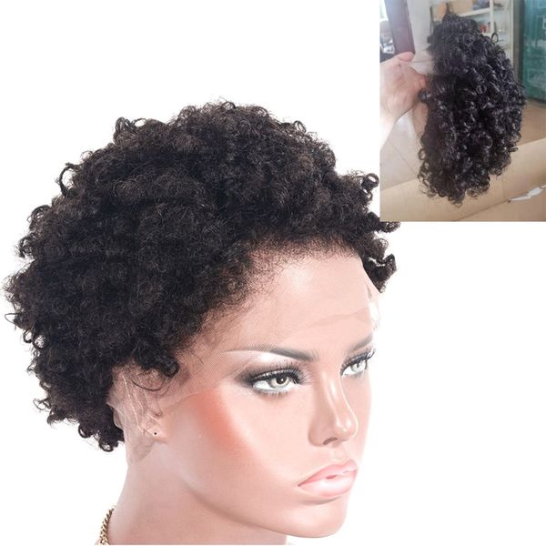 

human hair afro kinky curly lace front wigs pre plucked hairline pixie cut mongolian short remy hair curl wig, Black;brown