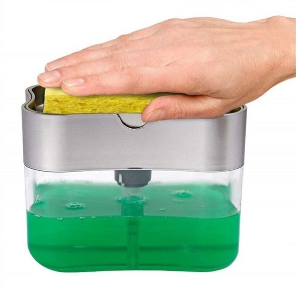 

kitchen liquid soap dispenser with sponge storage holder pump container space saving organizer