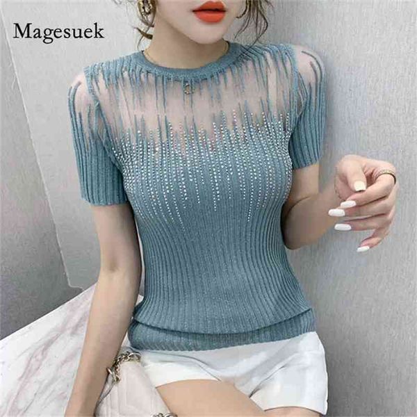 

korean short sleeve elastic tee summer knit tshirt o neck diamond t-shirt transparent slim women ropa mujer 10059 210518, White