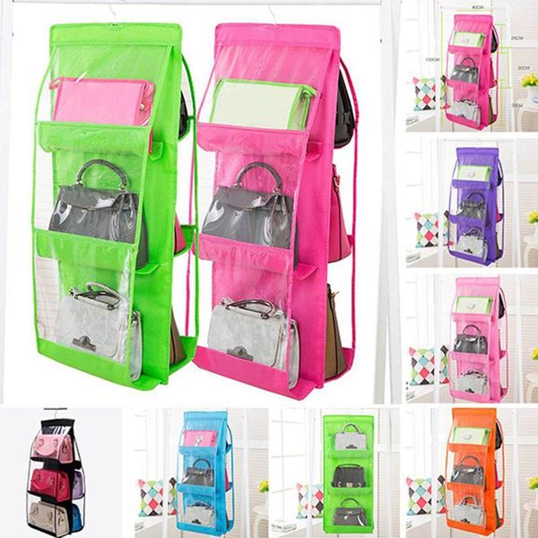 

storage bags sold solid color double-sided six pockets non-woven fabric transparent indoors hanging organizer home supplies