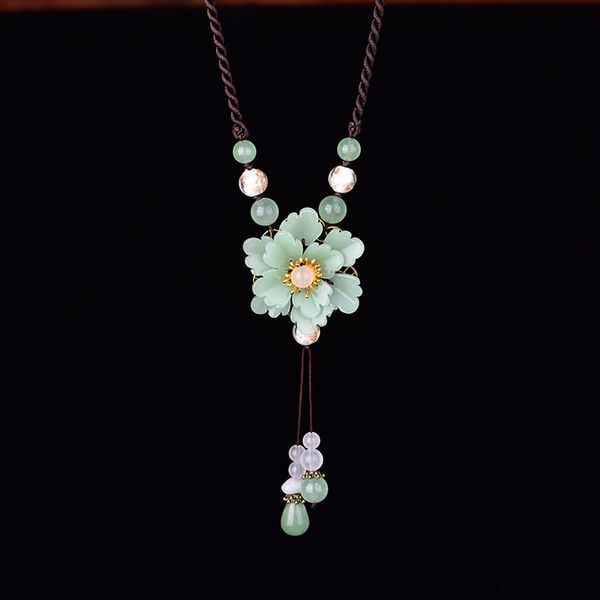 

ancient classical sweater chain long necklace national style pendant hand-woven glass jewelry accessories, Silver