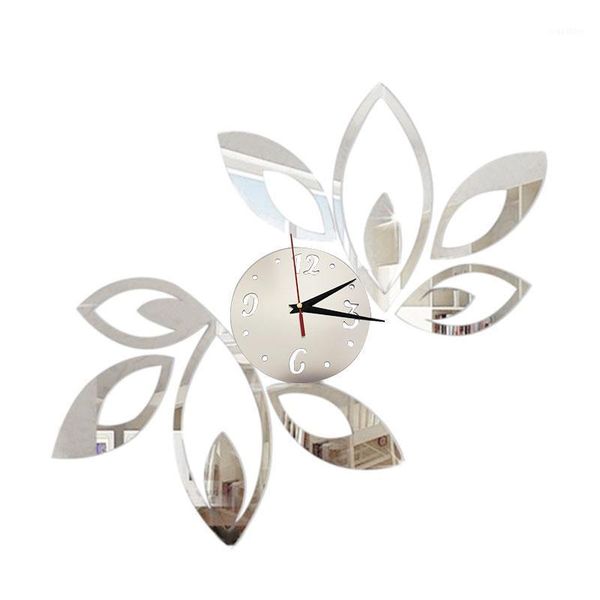Серебро творческий ромб листьев листьев настенные часы зеркало античный современный съемный DIY акриловые 3D наклейки часы зеркала
