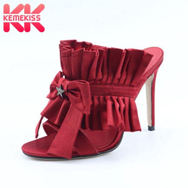 

dress shoes kemekiss women sandals thin high heel silk bownot pearl slip on party club sweet slippers footwear size 33-43, Black