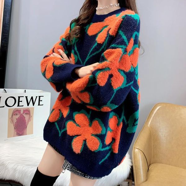 

women 2021 spring autumn vintage flower round neck sweater female long sleeve pullovers ladies casual knitted jumper e347 women's swea, White;black