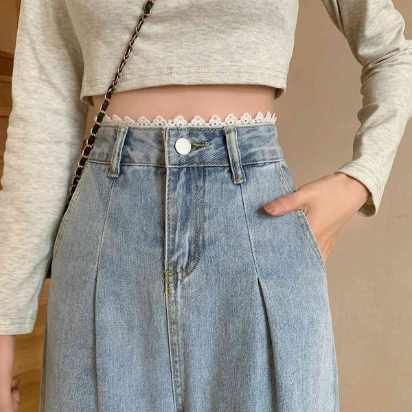 

spring/autumn net red women's lace jeans straight chic high-waisted loose nine-point wide-legged pants summer 210429, Blue