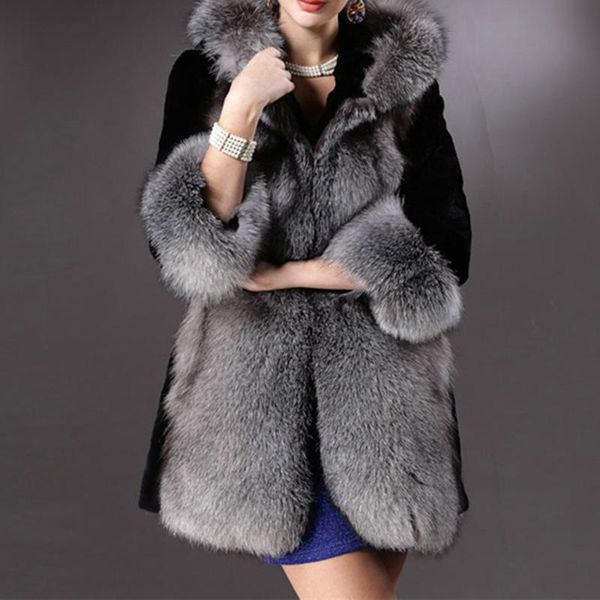 

women's fur & faux women winter warm overcoat fashion casual long sleeve solid patchwork hooded collar lady thicken mink coat, Black