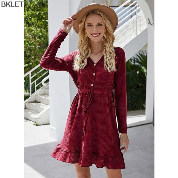 

casual dresses 2021 autumn style women solid dress v-neck long sleeve knee-length female vestidos lace plus size s--xl, Black;gray