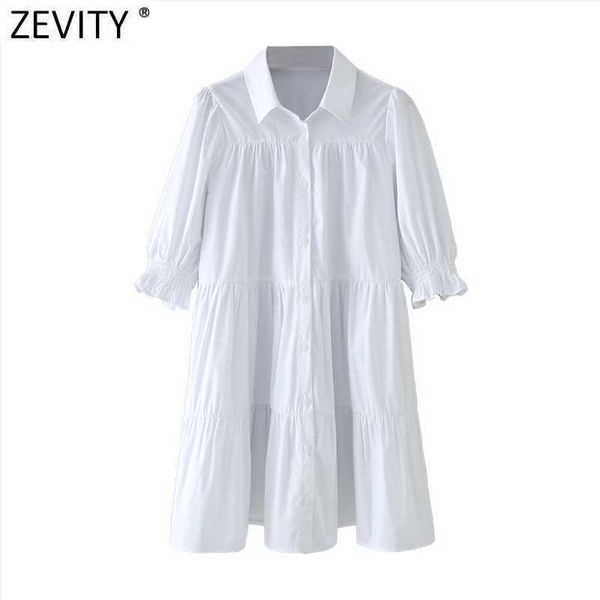 Zevity женщины отключить воротник плиссис белая рубашка платье шикарный слойный рукав офис леди Vestido бизнес мини-платье DS4981 210603