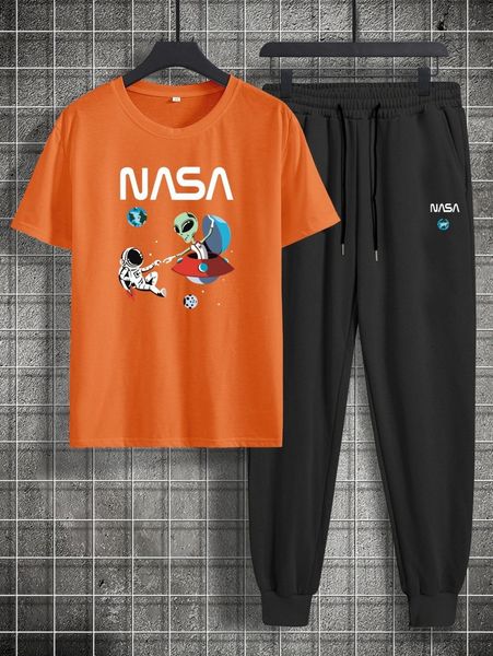 

romwe guys letter alien & astronaut graphic tee & drawstring sweatpants a75l#, Gray