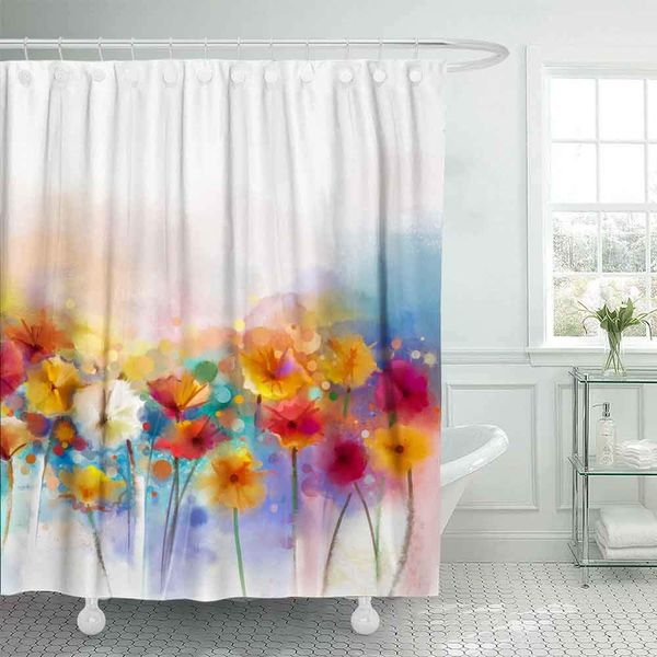

farmhouse shower curtain,extra long shower curtain abstract floral watercolor painting paint white yellow pink and red color of