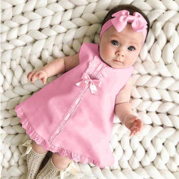 

clothing sets cute solid dress 2pcs born baby girl clothes set sleeveless casual maxi bow dress+headband outfit for toddler ropa niÃ±a, White