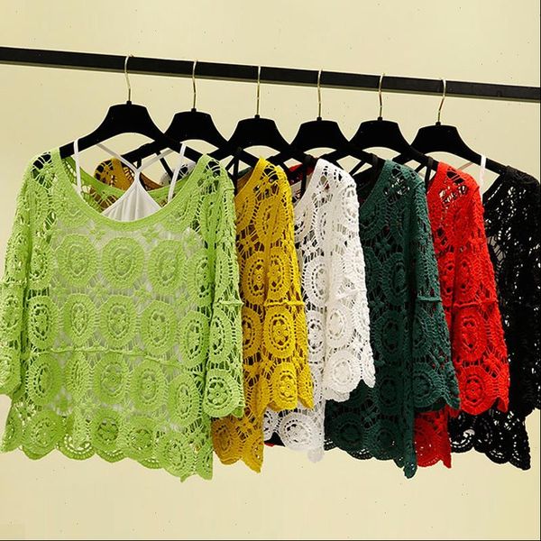 

korean loose 2 pieces womens blouses set lace blouse vintage floral crochet hollow out shirt women summer crop, White