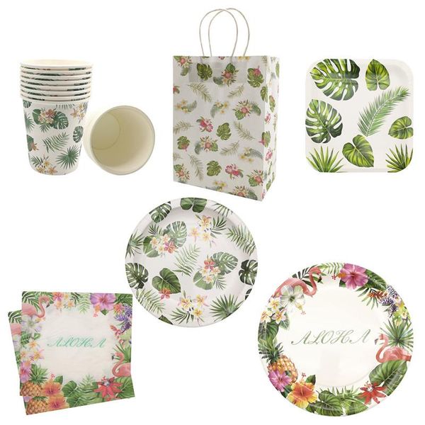 

1set flamingo tropical palm leaf balloon plates cups napkins for home happy birthday party wedding decoration supplies sashes