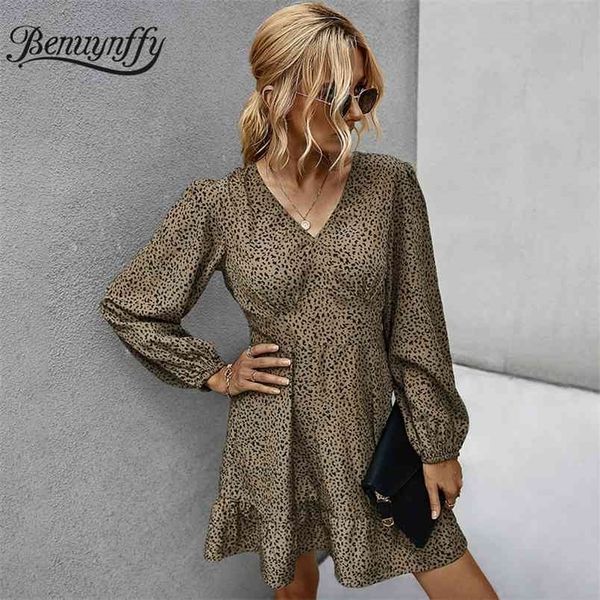 

casual print v-neck long sleeve mini dresses women autumn fashion street style high elastic waist ruffle a-line dress 210510, Black;gray